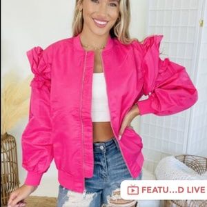 Hot Pink Ruffle Sleeve Bomber Jacket